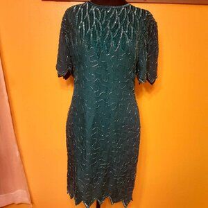 Vintage LAURENCE KAZAR Petite Large Beaded Silk Green Formal Cocktail Dress